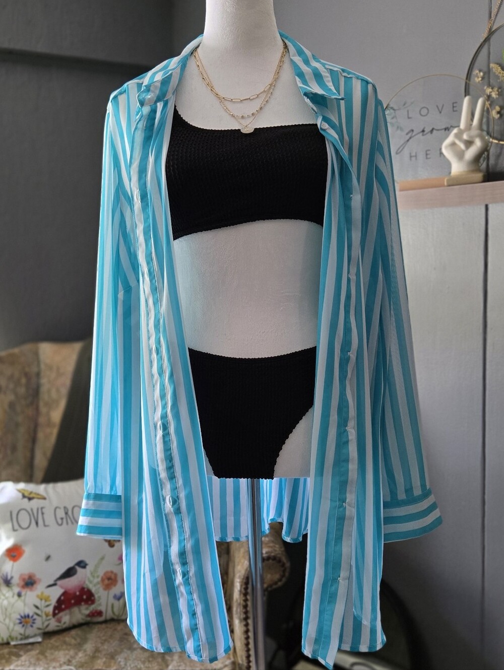 Roaman's Turquoise And White Striped Beach Tunic Cover-Up